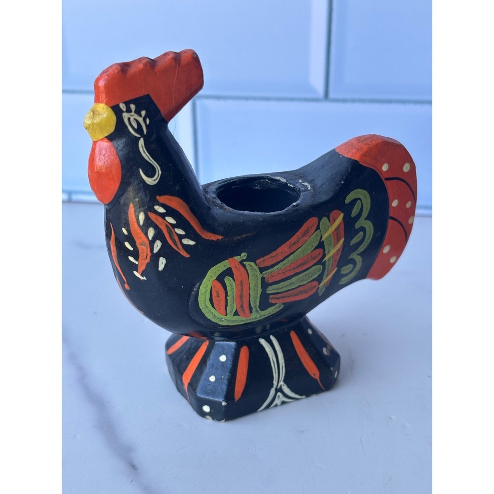 Vintage Enesco Japan Hand Painted Ceramic Rooster Candle Holder Folk Art Black